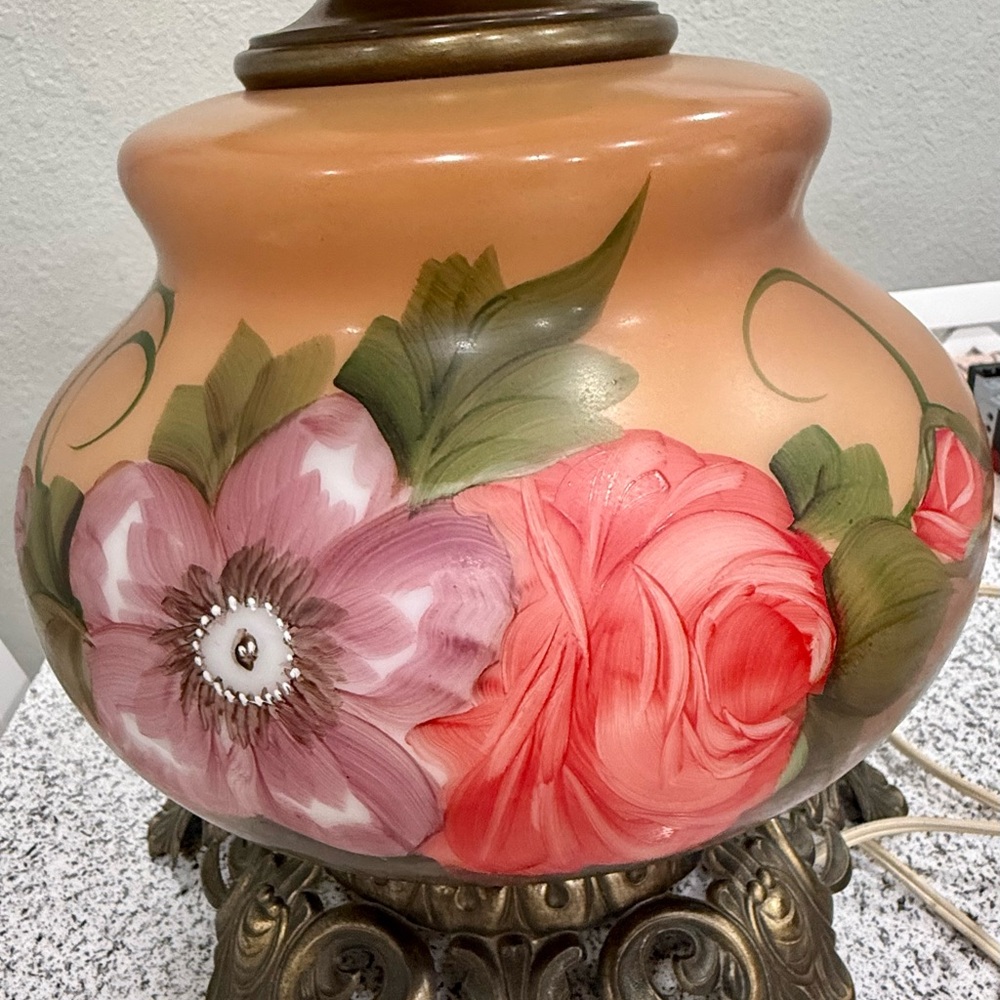 Floral Glass Table Lamp with Pink and Green Accents - Picture 3 of 4